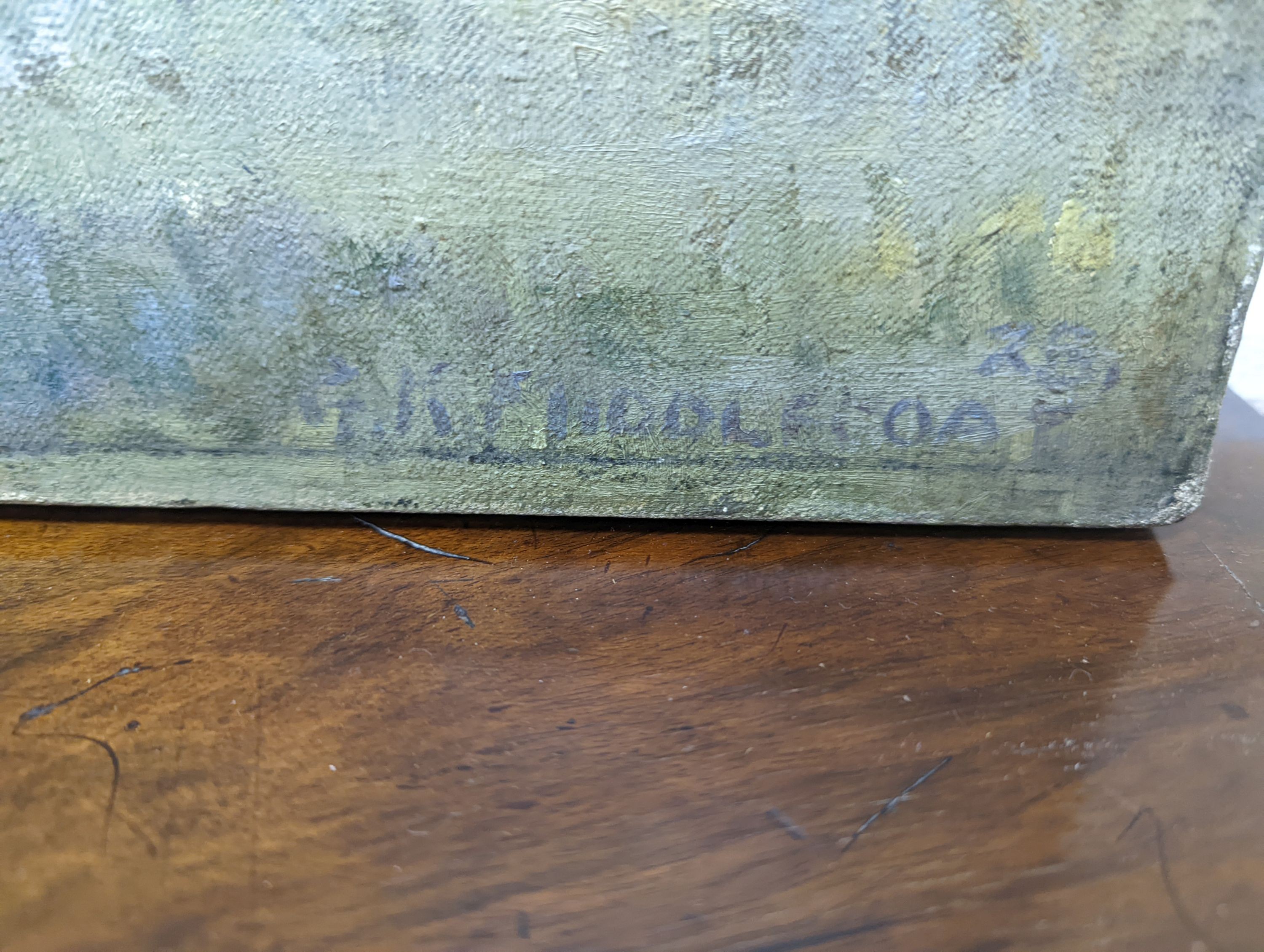 Middlecoat (1890-1959), oil on canvas, Riverside town, signed, 64 x 77cm, unframed